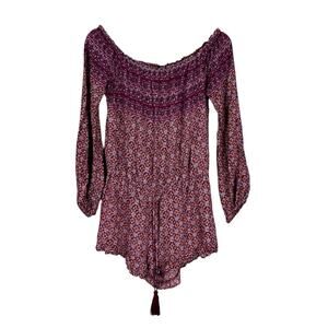 Anna Grace Romper Womens M Purple Floral Off the Shoulder Long Sleeve Boho Fall